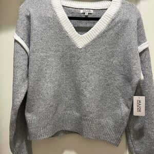 Major Brand Gray V-Neck Sweater with White Contrast Trim
